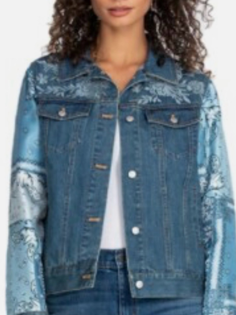 Johnny Was Blue Denim Jean Jacket with Light Blue Bandana Print Sleeves